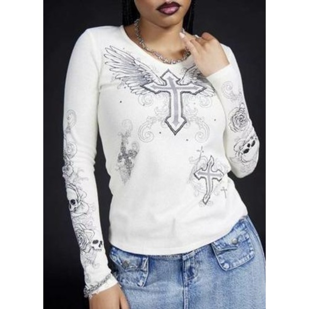 Social Collision Y2K Angel Wings Cross Crystal Long-Sleeve Thermal T-Shirt Large